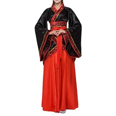 Imagem de Vestido Hanfu Feminino Chinês Tradicional Fantasia Antiga Estampa Floral Han Dynasty Roupão Longo Roupa Roupa Roupa (45-B# Preto, M)
