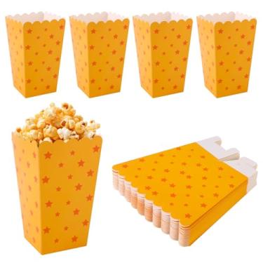 Imagem de 24 caixas de pipoca com tema de anime, padrão de estrelas amarelas e vermelhas, caixa de petiscos, caixa de biscoitos, recipientes de pipoca para festa de aniversário