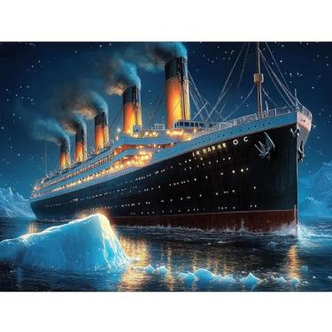 Imagem de ossomo Kits de pintura de diamante para adultos, Titanic & Iceberg, kits de arte de diamante de broca completa, pinturas de pontos de diamante para iniciantes, artes e artesanato redondo 5D DIY para