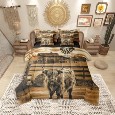 Imagem de Erosebridal Jogo de cama casal rústico de fazenda com 7 peças, vaca highland, vintage, ocidental, para adultos, meninos, adolescentes, homens, quarto, animais de fazenda, marrom