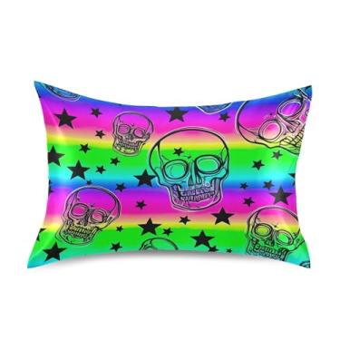 Imagem de Fronhas refrescantes fofas neon coloridas caveiras arco-íris cetim arte impressão king queen fronha padrão decoração travesseiro cama king size 101,6 cm x 50,8 cm