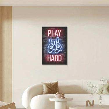 Imagem de 1 peça de arte de parede para jogos estilo neon jogar duro 20 x 30 cm 8 x 12 polegadas placa vertical para sala de jogos dormitório homem caverna, 20 x 30 cm