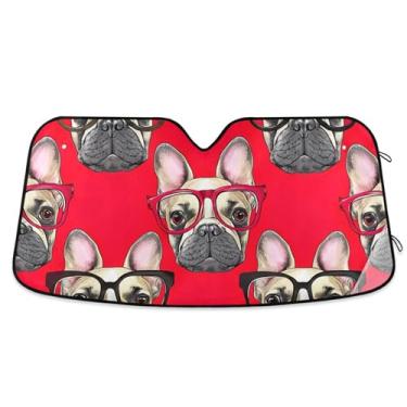 Imagem de Buldogues franceses vibrantes, vermelho, pára-brisa para carro, para-sol, bonito, universal, retrátil, para janelas dianteiras, floral, M, 139,7 x 70,1 cm