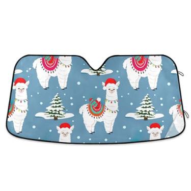 Imagem de Lhamas de Natal para-sol azul Papai Noel para para-brisa de carro bonito universal retrátil automotivo protetor solar M, 139,7 cm x 70,1 cm