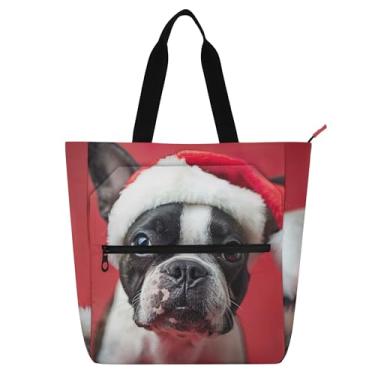 Imagem de GAIGEO Linda bolsa feminina Boston Terrier para trabalho com Papai Noel, bolsa de lona de lona para faculdade, escola, média, com compartimentos