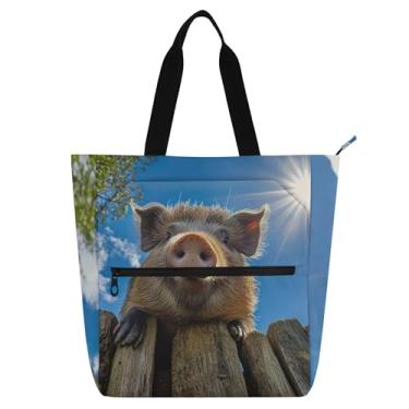 Imagem de GAIGEO Bolsa de lona Close-Up com estampa de porco para crianças, mulheres, com zíper, escola, professor, trabalho, viagem, bolsa de lona
