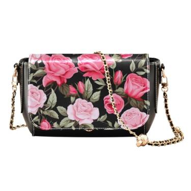 Imagem de Bolsa tiracolo de couro pintada de branco e azul, bolsa de ombro média para mulheres, bolsa de ombro feminina, Flor rosa floral em preto-4, One Size