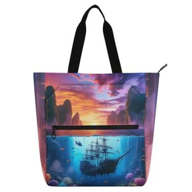 Imagem de GAIGEO Bolsa sacola para paisagem, oceano, montanha, para mulheres, crianças, com zíper, livro de trabalho, escola, viagem, reutilizável