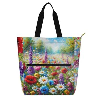 Imagem de GAIGEO Sacola colorida de verão com flores silvestres para mulheres, crianças, professores, trabalho, escola, livro, viagem, reutilizável, bolsa de lona com zíper