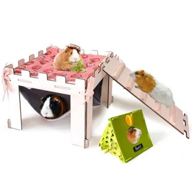 Imagem de Esconderijo de porquinho-da-índia com rede, casa grande de madeira para porquinhos-da-índia com escadas e tapetes, couro de porquinho da índia destacável para animais pequenos, hamster, chinchila