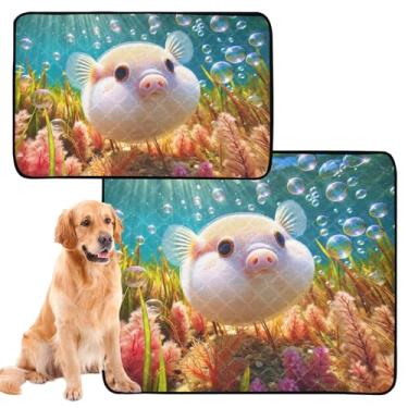 Imagem de Cute Pufferfish Pig Ocean Almofada reutilizável para xixi para gatos, tapetes laváveis para cães, tapete impermeável para gaiola de cachorro, absorventes de penico, médio + grande, conjunto de 2