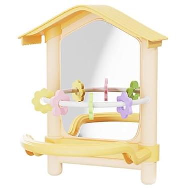 Imagem de AUKCA Suporte de espelho de pássaro com flores decorativas, design de casa de brinquedo para animais de estimação, material ABS, 207 x 150 x 164 mm, poleiro de papagaio interativo com base