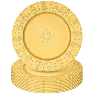 Imagem de Tomeurperf Placas de carregamento douradas a granel 10 peças - Carregadores dourados de 33 cm para pratos de jantar, placa de carregamento decorativa para decoração de festa de cozinha de casamento e