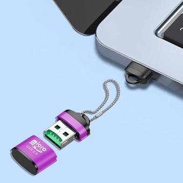 Imagem de 1 peça leitor de cartão microSD 3 em 1 USB 2.0 USB-C Lightning USB-A chaveiro compacto para smartphone, computador, carro, armazenamento de áudio, roxo