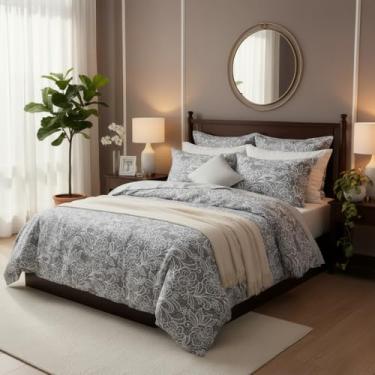 Imagem de Conjunto de capa de edredom floral cinza de luxo – estampa botânica elegante, roupa de cama de algodão macio e respirável, conforto estilo hotel, fronhas incluídas de 71 x 71 cm