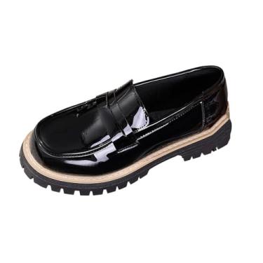 Imagem de Mocassins femininos casuais de salto redondo, sem cadarço, salto médio, Preto, 35