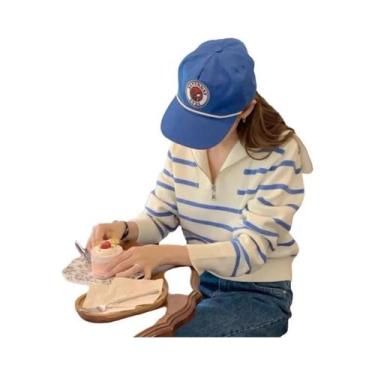 Imagem de Suéter Feminino De Moda Coreana Tricotado Listrado Com Meio Zíper E Go