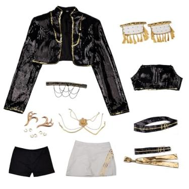 Imagem de Cosfun Conjunto de fantasia feminina Mira cosplay jaqueta preta dourada top saia uniforme terno palco dança PP