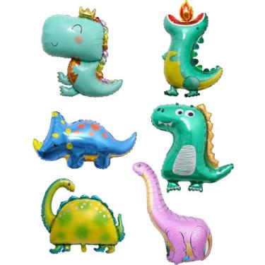 Imagem de Conjunto de balões gigantes de dinossauro 3D, 6 peças de balões de hélio mylar de folha de 71 a 90 cm para decoração de aniversário de safári na selva jurássica