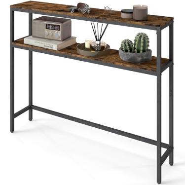 Imagem de VASAGLE Mesa de console, mesa de sofá estreita de 2 camadas com 2 prateleiras, 19 x 100 x 81,5 polegadas, para sala de estar, corredor, entrada, marrom rústico e preto tinta ULNT131K01V1
