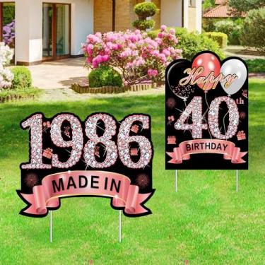 Imagem de Puyruiv 2Pcs Rose Gold 40º Aniversário Decoração De Placa De Quintal Para Mulheres, Feliz Aniversário De 40 Anos Feito Em 1985 Suprimentos Para Festa De Placa De Gramado, Estacas De Decoração De Qui