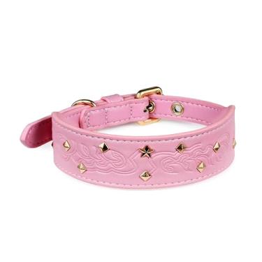 Imagem de Blueberry Pet Coleira de couro de microfibra glam rosa em relevo premium com tachas douradas