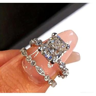 Imagem de 2 peças de anéis de zircônia cúbica branca banhada a prata eternidade aliança de casamento para mulheres festa aniversário joia presente, Metal, Zircônia cúbica