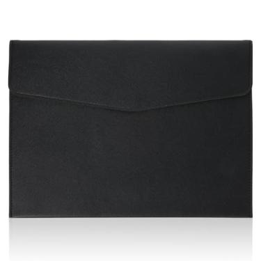 Imagem de Porta-documentos de couro PU A4, pasta de arquivo A4, à prova d'água, capa envelope com fecho de botão de pressão para tamanho carta, viagem, currículo, preto
