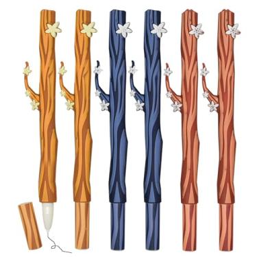 Imagem de Maydahui 6 canetas de gel de simulação de flor de árvore de cerejeira, ramo de cerejeira, canetas Sakura, tinta preta, silicone macio para escola, festa, escritório