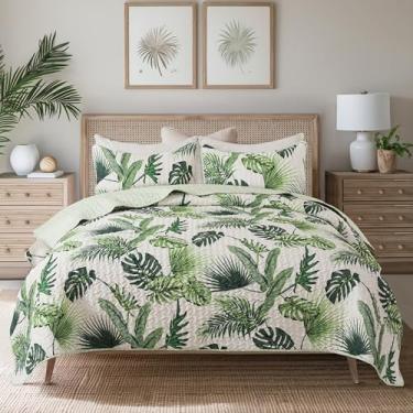 Imagem de Soul & Lane Conjunto de colcha tropical – Queen e 2 Shams, conjunto de edredom de palmeira, roupa de cama havaiana com design de tema de ilha botânica, colcha costeira e colcha de folhas verdes