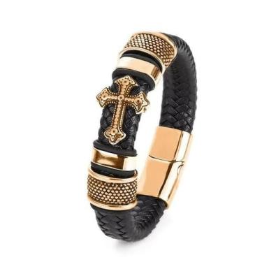 Imagem de Bracelete Pulseira Masculina Couro Luxo Minimalista Cruz - VINKIN