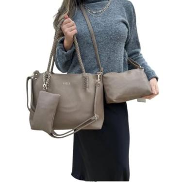 Imagem de Kit 3 Bolsas Femininas Estilo Tote Couro Sintético Caqui Alça Trançada Necessaire Bag Transversal Moderna Elegante
