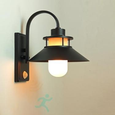 Imagem de GZZBMY Lâmpada de parede LED externa com detector de movimento arandelas de vidro preto abajur IP65 à prova d'água moderna vintage iluminação de parede interior/exterior para pátio corredor pátio