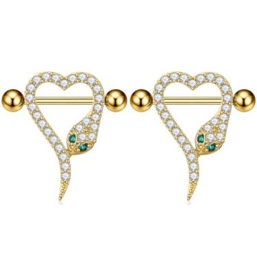 Imagem de Niaspi Anéis de mamilo de cobra de aço inoxidável 14G com strass brilhante CZ em forma de coração de cobra piercing punk para mamilos piercing joia corporal para mulheres (ouro)