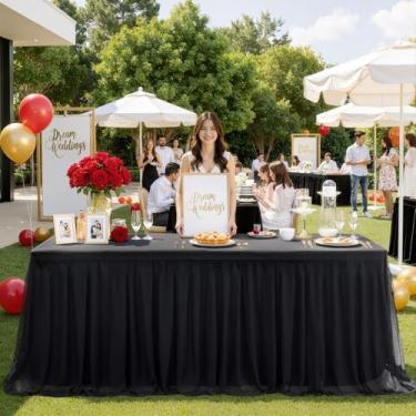Imagem de Toalhas de mesa pretas de 1,8 m para mesas retangulares, saia de mesa de tule elástica, toalha de mesa tutu retangular com babados para feiras de artesanato, banquetes e exibição de feiras comerciais