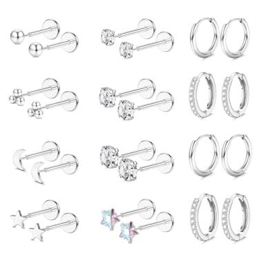 Imagem de Sanfenly Brincos de pressão de 16 G, 18 G, 20 g, costas planas, hipoalergênicos, sem fios, brincos de cartilagem de aço cirúrgico 316L para mulheres, 18G(0.8MM)-Star&Moon, Aço inoxidável, Sem pedra