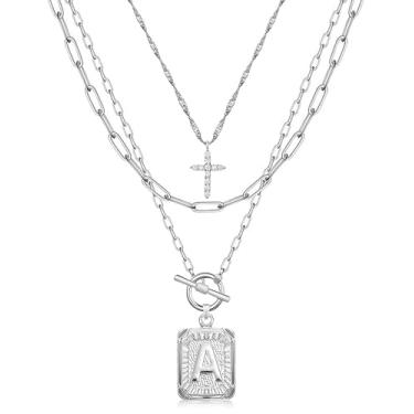 Imagem de MJartoria Colar com inicial em camadas para mulheres, moderno, latão banhado a ouro 14K, gargantilha com cruz simples, pingente de letra quadrada, colar de corrente de clipe de papel, joias, one size