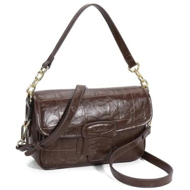 Imagem de Chinllo Bolsa transversal feminina com aba, bolsas de couro vegano com alça superior e alça ajustável, Acolchoada com café, Medium