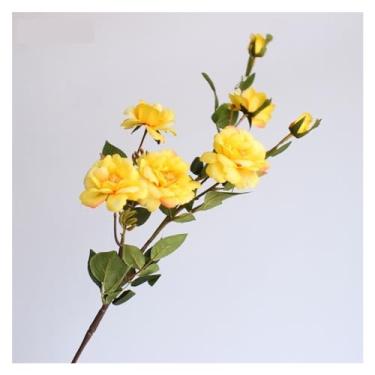 Imagem de KEG801302 Flores falsas simuladas ramo de rosas para casa, casamento, banquete, aniversário, dia dos namorados, decoração de flores artificiais, vaso de seda, decoração de arranjo de flores (amarelo)