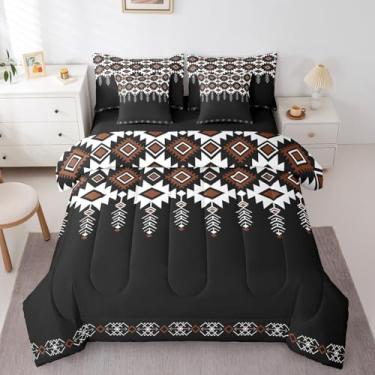 Imagem de Feelyou Jogo de cama infantil preto asteca do sudoeste, geométrico, vintage, com lençol de solteiro, boêmio, rústico, tribal ocidental, para decoração de quarto feminino e masculino, macio