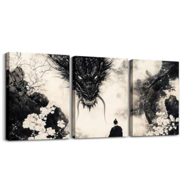 Imagem de Feelyou Arte de parede em tela emoldurada de dragão, estilo tinta, decoração de parede para quarto, imagens de vida selvagem, pintura para quarto, escritório, decoração de parede, pôsteres de animais