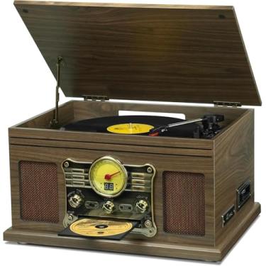 Imagem de VEDO Toca-discos Bluetooth 10 em 1, toca-discos de vinil de 3 velocidades com alto-falantes, conversor de LP para MP3, CD, toca-fitas, rádio FM, streaming sem fio (cor de grão de madeira escura)