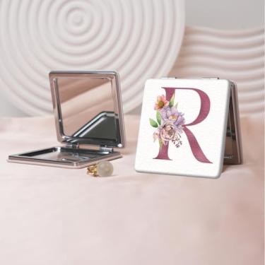Imagem de Espelho de maquiagem portátil Flower Alphabet Series, mini espelho portátil dobrável, espelho de contorno quadrado portátil de dupla face, adequado para todos em qualquer ocasião