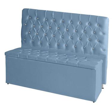 Imagem de Kit De Quarto Cabeceira De Cama Box E Calçadeira Baú Estrela Casall Queen 160 Cm Suede Botão Strass Azul Do Lar Móveis E