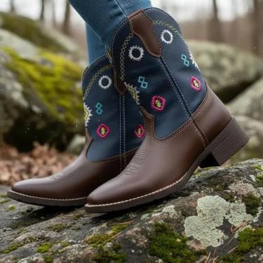 Imagem de Bota Texana Infantil Unissex em Couro Legítimo Café Bordado Tribal Azu