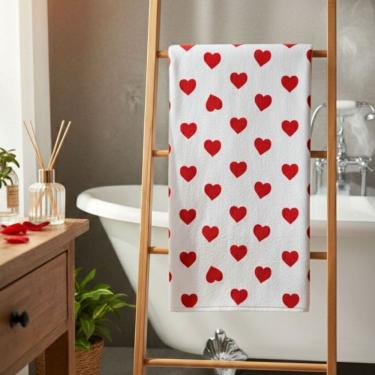 Imagem de Toalha de Banho Felpuda Corações Vermelho 100% Algodão Teka 70x1,35cm - Toque Macio e Alta Absorção