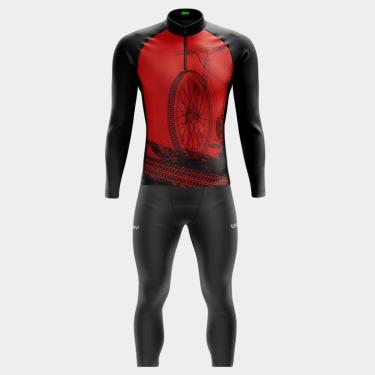 Imagem de Conjunto Ciclismo Masculino Camisa Bike Roda Vermelha Manga Longa PRO Bolsoss Traseiros Calça Gel-Masculino