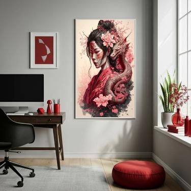 Imagem de Quadro Decor Mulher Gueixa Dragão 70x50cm Mold Preta
