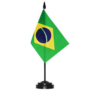 Imagem de Conjunto de bandeiras de mesa ANLEY Brasil Deluxe - Bandeira de mesa brasileira em miniatura de 6 x 4 "com pólo sólido de 12" - cores vivas e resistente ao desbotamento - base preta e topo em forma