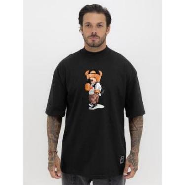 Imagem de Camiseta Camisa Oversized Gola Alta Estampa Teddy Urso Selfie Streetwear Algodão Premium Preto-Masculino